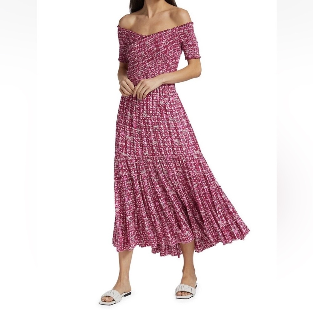 Poupette St. Barth Soledad Ruched Smocked Midi Dress in Pink Hyeres Large